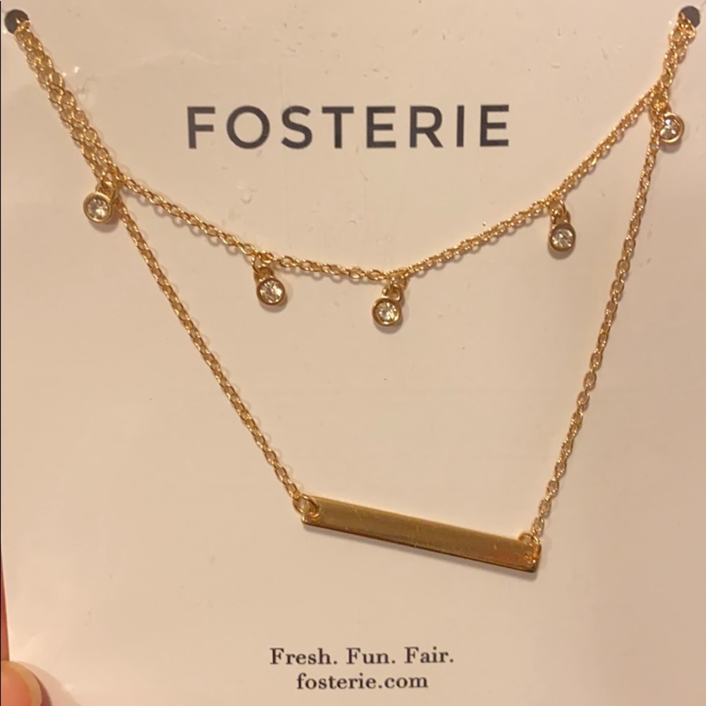 Gold tone double layer necklace w/ glass gems